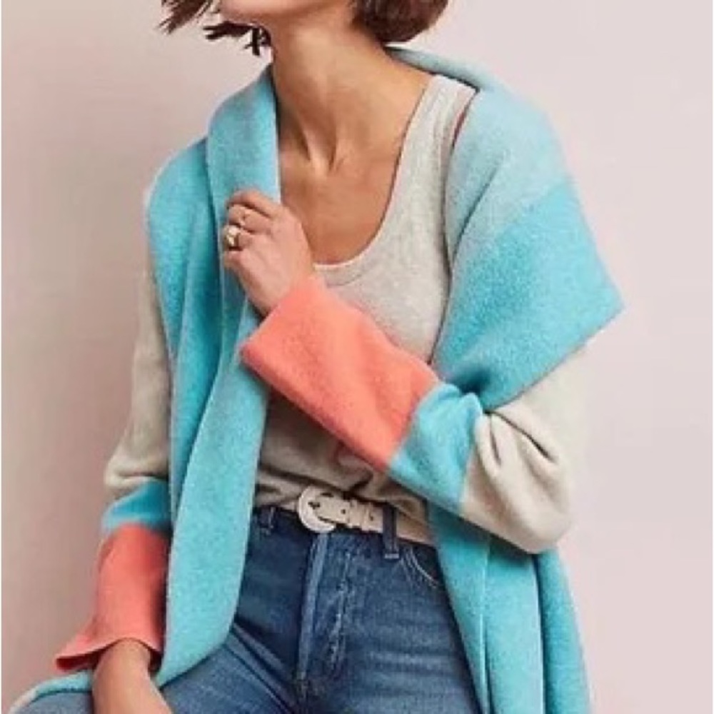 Anthropologie Field Flower 100% Wool Colorblock Hooded Cardigan Sweater XL